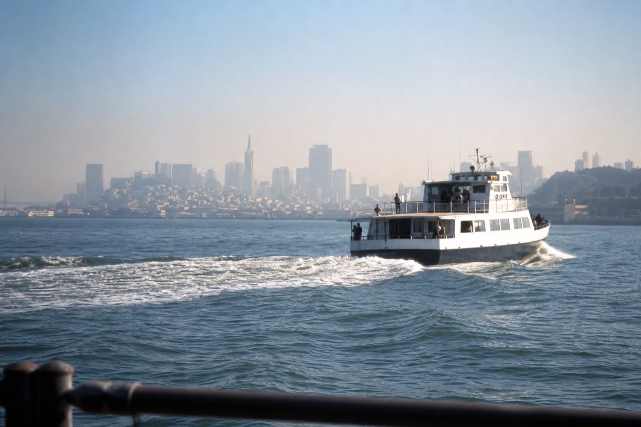 A small commuter ferry crossing calm blue bay water toward a green Marin hillside dotted with waterfront houses, the open bay bright under a clear morning sky.