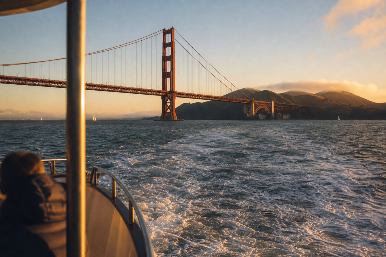 A white catamaran under full sail cutting across San Francisco Bay in bright wind, the Golden Gate Bridge small in the distance, spray coming off the bow.