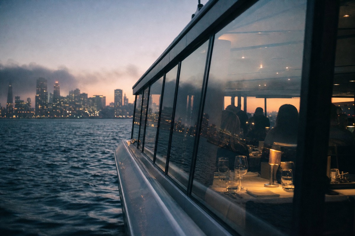 A glass-topped dining yacht on San Francisco Bay at dusk, warm interior light and the waterfront skyline behind