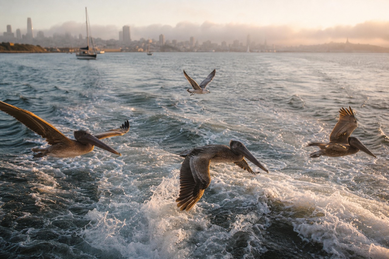 A jet-style speedboat throwing a tall spray of water as it banks hard on the open bay, the city waterfront a bright strip in the distance.