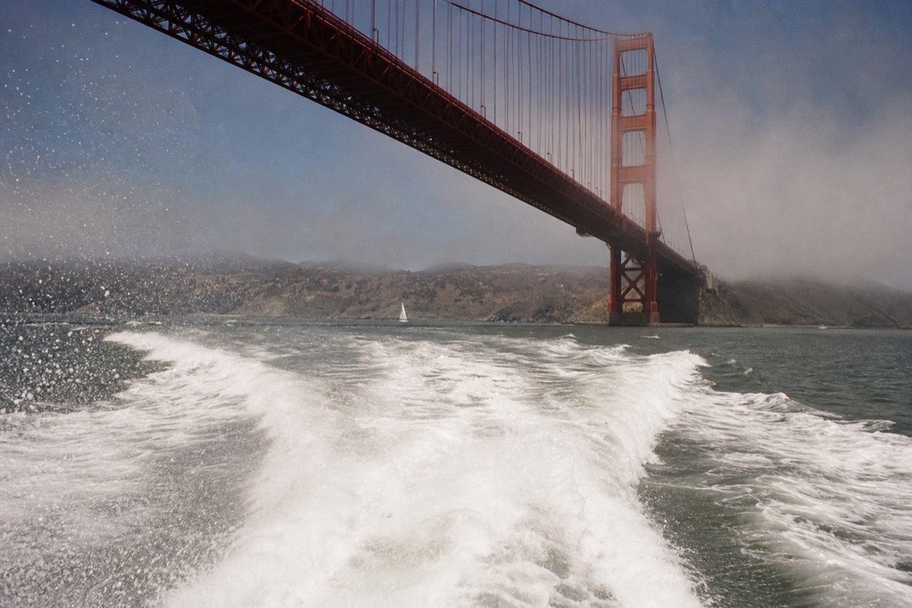 The green Marin headlands rising steeply on the far side of the Golden Gate, seen from a cruise boat as it turns back toward the city, whitecaps flecking the channel.