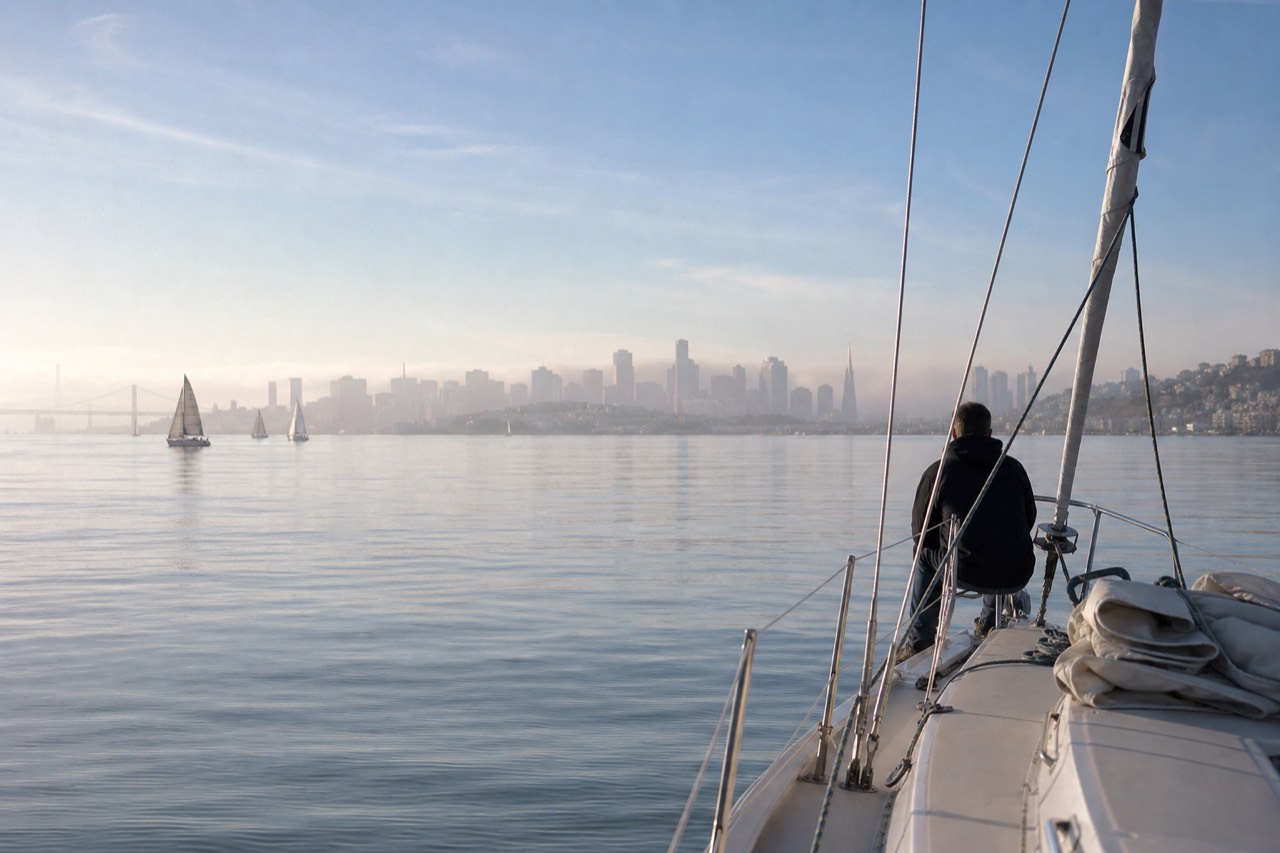 Fog pouring through the twin towers of the Golden Gate Bridge as a sightseeing boat passes underneath on dark water.