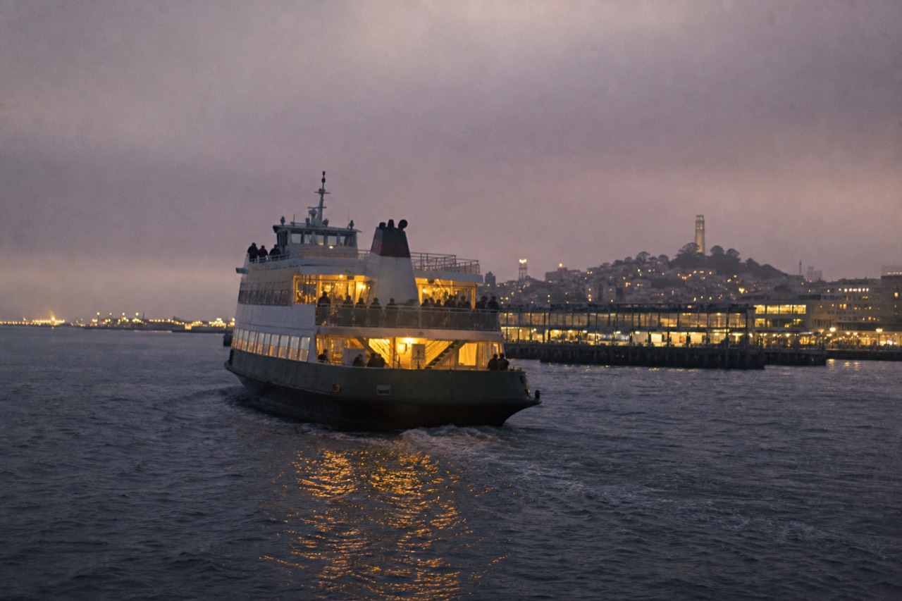 A public ferry crossing open blue-grey water toward a wooded green headland, a long white wake trailing behind and gulls following the stern.